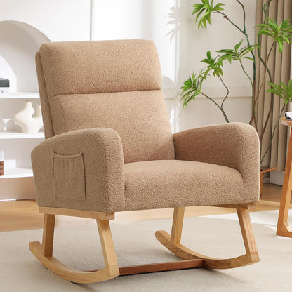 HCHAIRH Rocking Chair Nursery, Upholstered Fabricr Nursing Rocking Chairs with Soft High Back, Modern Nursery Glider Rocker for Mom Living Room, Bedroom, Camel