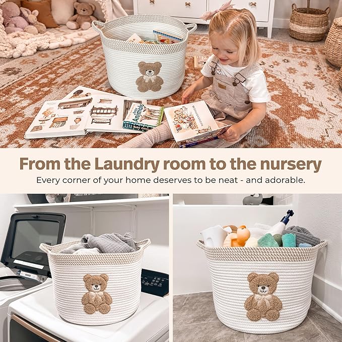 Teddy Bear Storage Basket for Nursery – Large 15"x11" Cotton Rope Bin with Soft Embroidered Bear Patch – Gender Neutral Toy Organizer, Baby Laundry Hamper, Blanket & Diaper Holder
