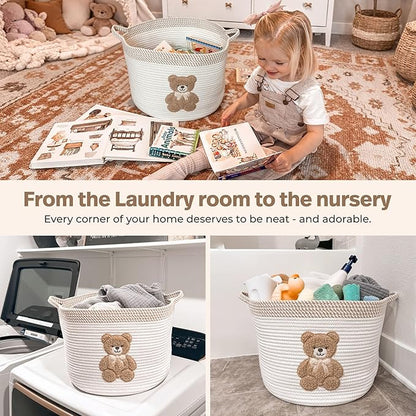 Teddy Bear Storage Basket for Nursery – Large 15"x11" Cotton Rope Bin with Soft Embroidered Bear Patch – Gender Neutral Toy Organizer, Baby Laundry Hamper, Blanket & Diaper Holder