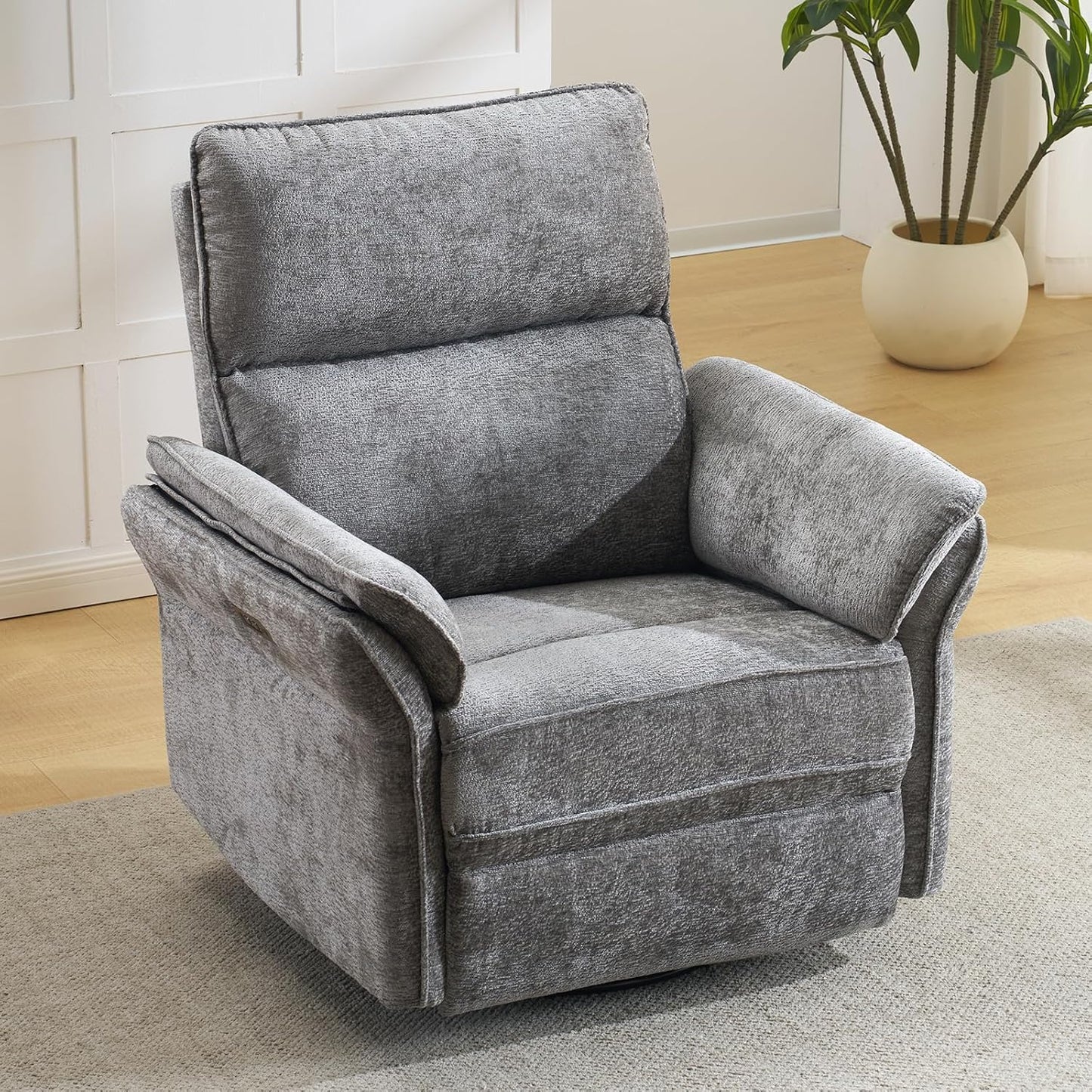 Oversized Swivel Rocker Recliner with Adjustable Headrest, Rocking Chair Nursery with Overstuffed Armrest, Manual Rocker Recliner Nursery Chair for Living Room, White