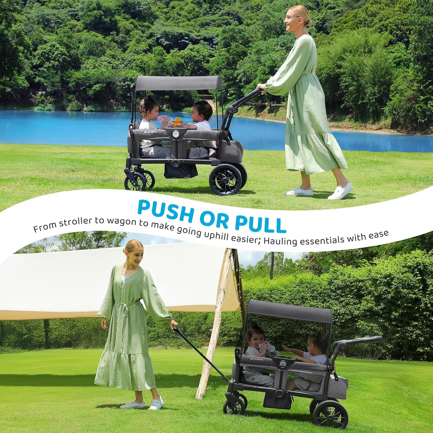 ELEMARA Stroller Wagon, 2 Seat Stroller for 2 Kids, Premium All Terrain Stroller for Kids w/Removable Canopy, Adjustable Push/Pull Handle, Large Storage Bag, Black