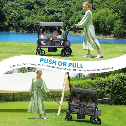 ELEMARA Stroller Wagon, 2 Seat Stroller for 2 Kids, Premium All Terrain Stroller for Kids w/Removable Canopy, Adjustable Push/Pull Handle, Large Storage Bag, Black