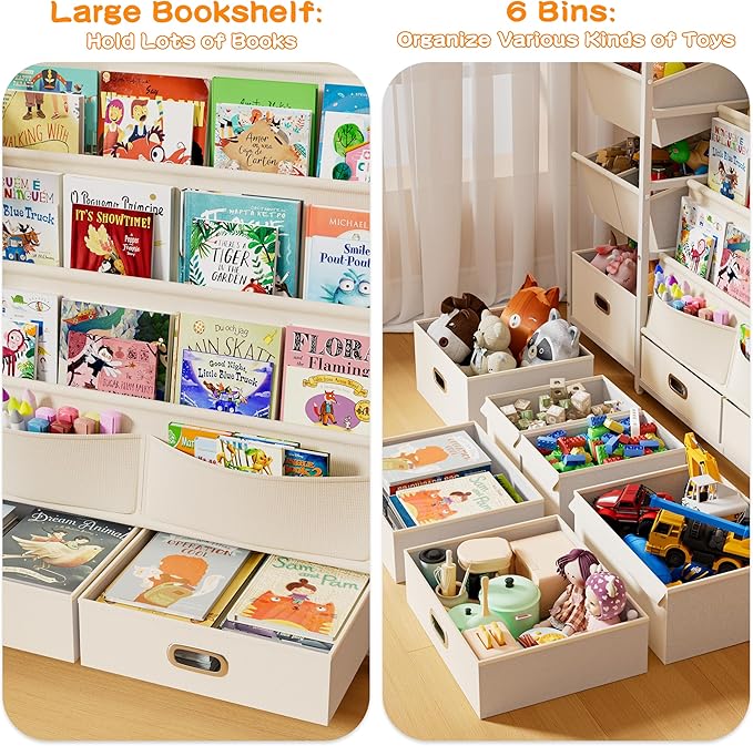 HAVLOTII Kids Bookshelf and Toy Storage - Book Shelf for Kids Rooms, Toddler Bookshelves Baby Bookcase for Nursery, Montessori Toy Organizer, 6 Toy Bins for Kids Toy Storage