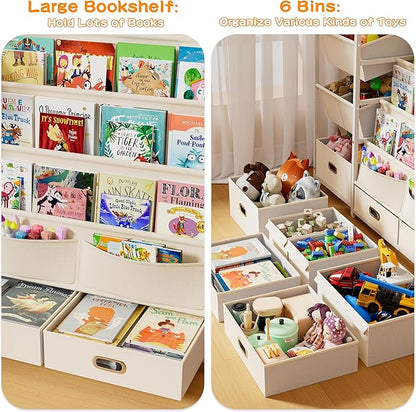 HAVLOTII Kids Bookshelf and Toy Storage - Book Shelf for Kids Rooms, Toddler Bookshelves Baby Bookcase for Nursery, Montessori Toy Organizer, 6 Toy Bins for Kids Toy Storage