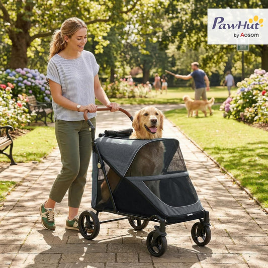 PawHut Dog Stroller for Large Dogs, One-Click Folding 4 Wheel Large Pet Stroller Wagon for Multiple Pets, All Terrain Spring Suspension w/ 8-Position Adjustable Handle, Mesh Window, Up to 66 LBS, Teal