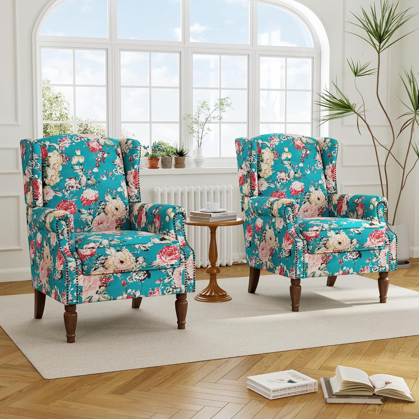 Swivel Rocker Recliner Chair, Manual Nursery Glider Recliner, Floral Fabric Wingback Accent Chair with Adjustable Backrest & Footrest for Small Spaces Living Room Bedroom (Plants Floral, Set of 1)