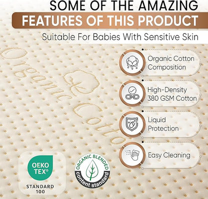 Luxury Organic Cotton Crib Mattress Pad - Skin Friendly, Waterproof, Breathable & Absorbent Mattress Protector - Ultra Thick 380GSM 3D Air Fabric - Fitted for Standard Baby Crib Size
