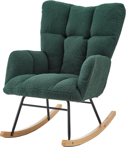 Glider Chair for Living Room & Nursery, Tufted Upholstered Teddy Rocking Chair with High Backrest & Stable Metal Frame, 300lbs Capacity, Comfy Rocker Glider for Adults & Kids, Office & Bedroom(Gray)