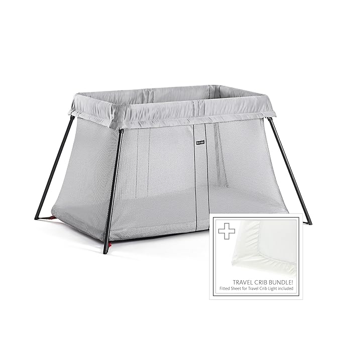 BABYBJORN Travel Crib Light - Silver + Fitted Sheet Bundle Pack ,Silver, One Size