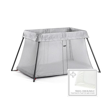 BABYBJORN Travel Crib Light - Silver + Fitted Sheet Bundle Pack ,Silver, One Size