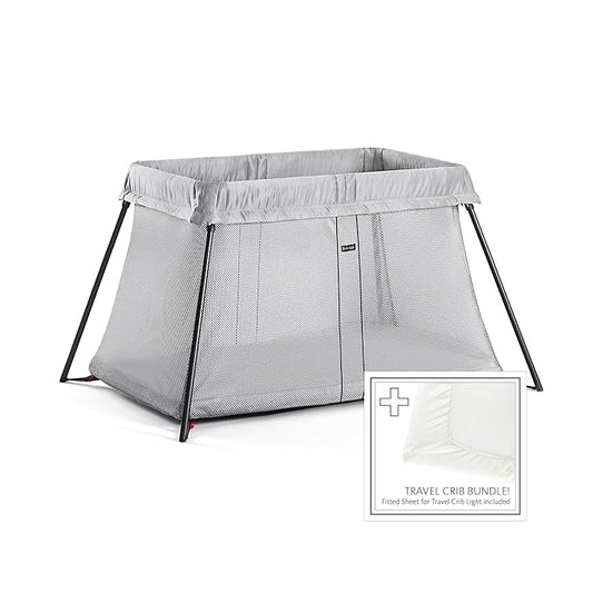 BABYBJORN Travel Crib Light - Silver + Fitted Sheet Bundle Pack ,Silver, One Size