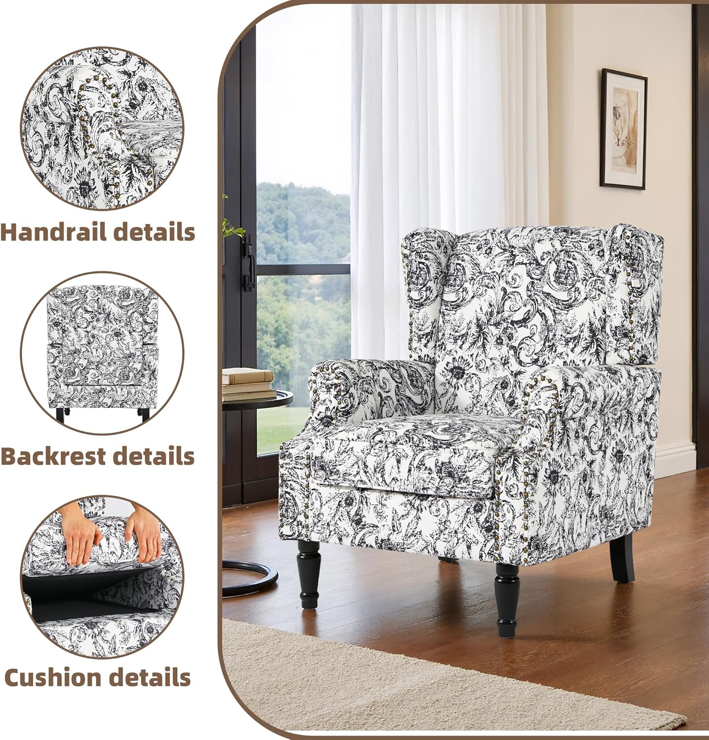Swivel Rocker Recliner Chair, Manual Nursery Glider Recliner, Floral Fabric Wingback Accent Chair with Adjustable Backrest & Footrest for Small Spaces Living Room Bedroom (Plants Floral, Set of 1)