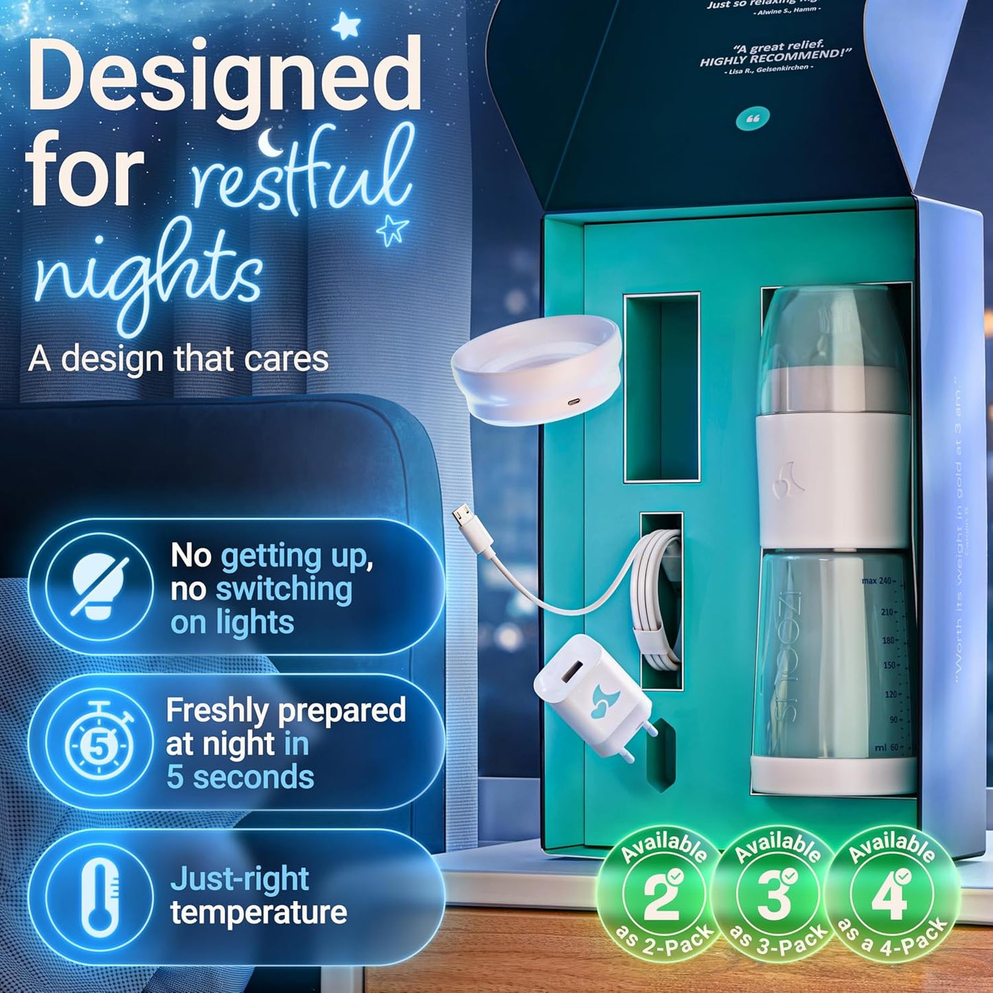 SNOOZI Set of 1 – Baby Night Bottle with Bottle Warmer – Baby Bottle with Integrated Formula Dispenser for Stress-Free Night Feedings (1 Bottle per Night)