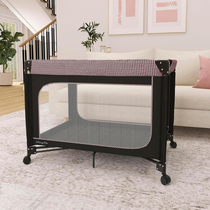 Dream On Me EZGo Portable Playard, Tool-Free Assembly, Easy One-Step Fold, Breathable Mesh Sides, Removable Mattress Pad & Smooth Locking Wheels, Travel Carry Bag Included – Black & White