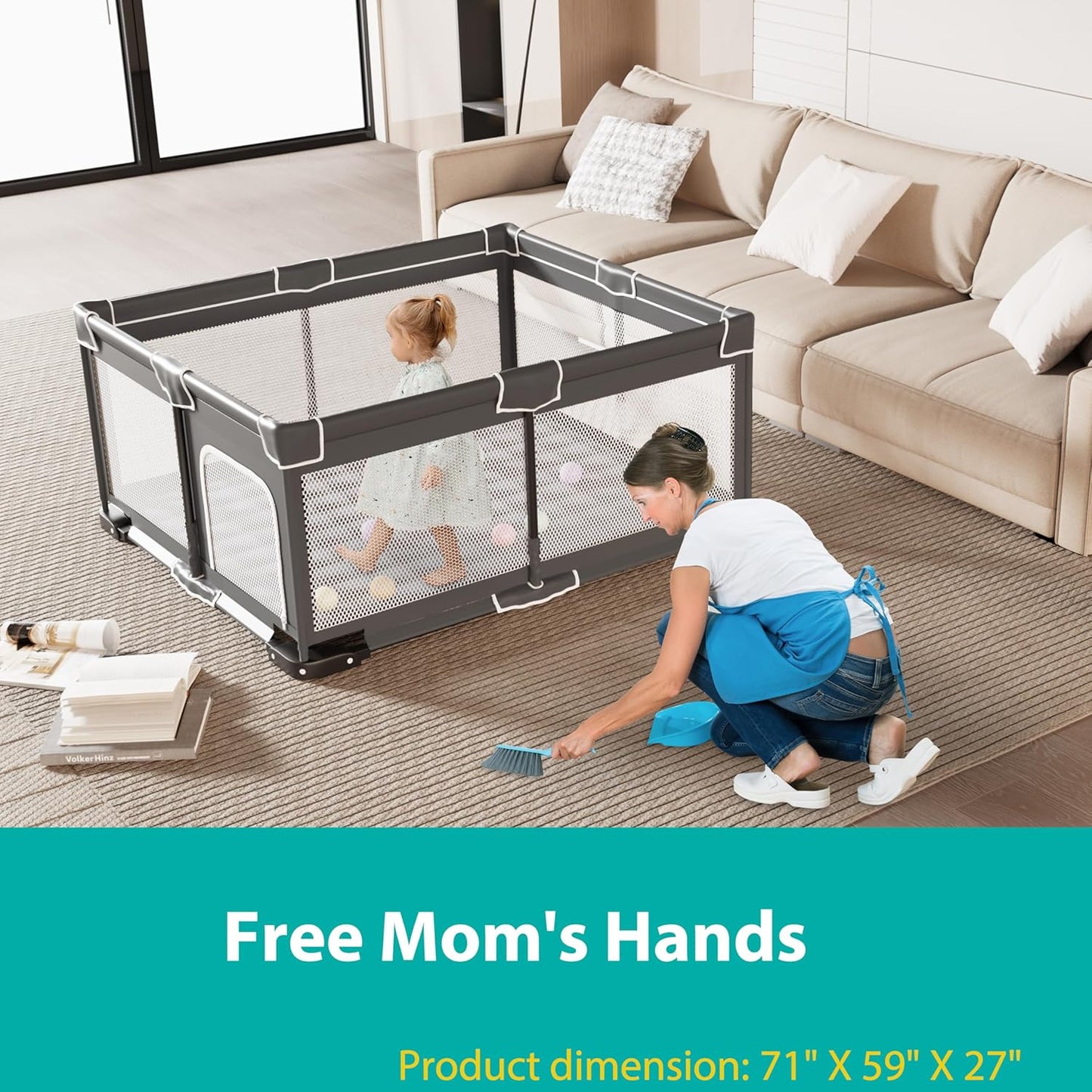 ICAREWAY Foldable Playpen for Babies and Toddlers, 50x50 Inches Portable Playpen, Kids Collapsible Play Pen with 2 Handlers, Indoor & Outdoor Baby Fence Play Area with Visible Mesh, Dark Gray