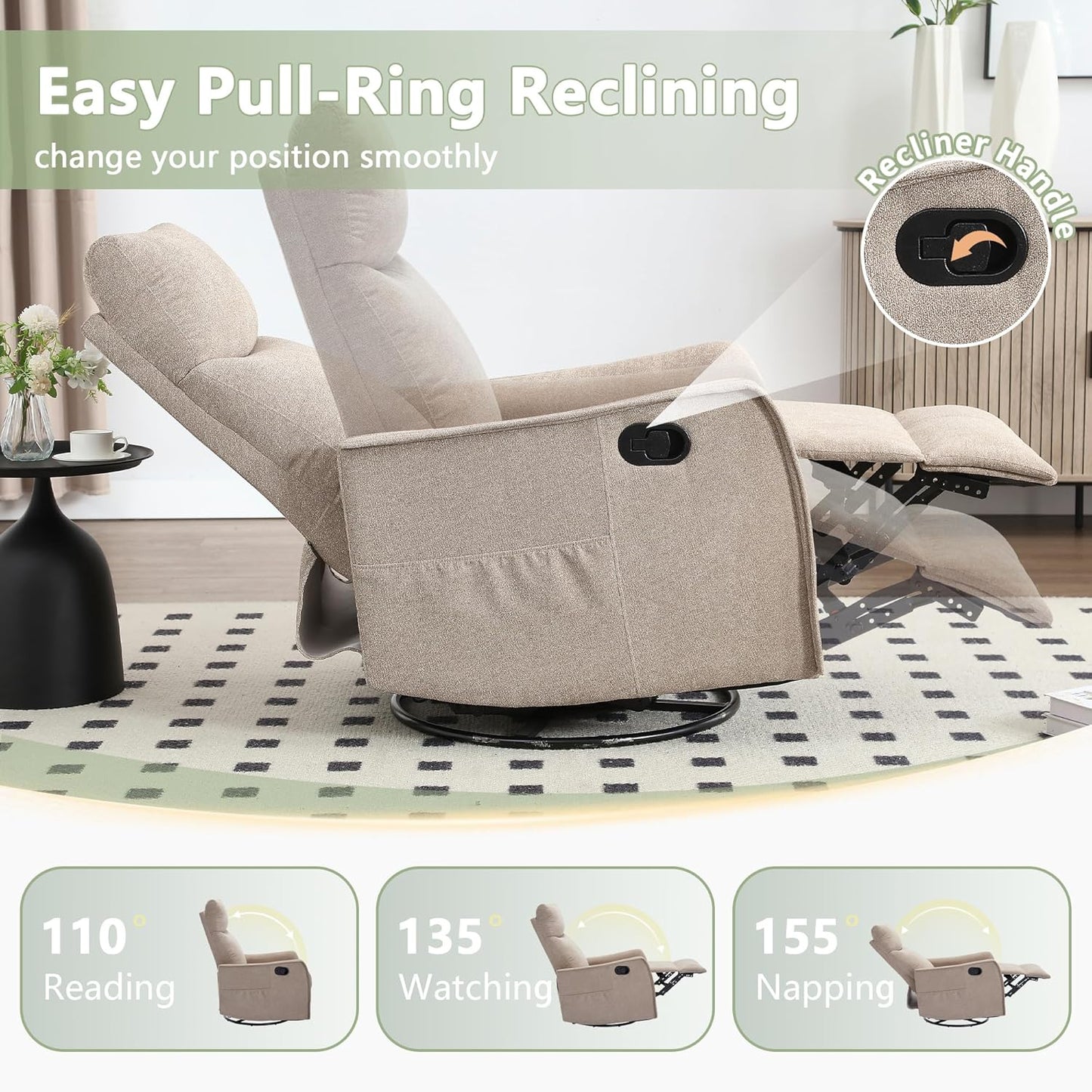 cinkehome Swivel Rocker Recliner, Glider Rocker Recliner Chair for Nursery, Manual Reclining Chair with Heated Massage, Small Spaces, Living Room, Khaki Chenille