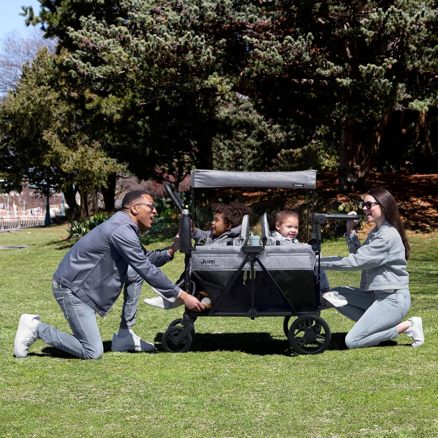 Jeep Aries Stroller Wagon by Delta Children Premium Wagon for 2 Kids with Convertible Seats, Adjustable Push/Pull Handles, Removable Canopy & Flat Fold - Greenguard Gold Certified, Black/Green