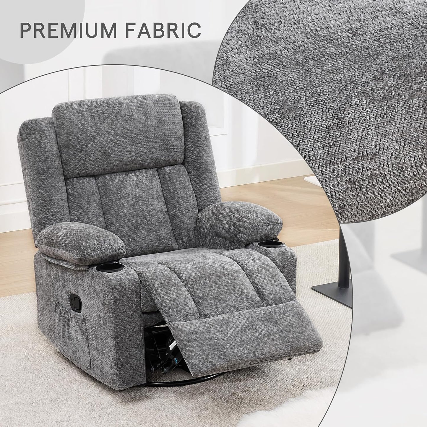Swivel Rocker Recliner Chair, Lazy Boy Recliner with Cup Holders, 360 Degree Rotating Nursery Rocking Chair, Manual Glider Recliner for Living Room (1, Yellow)