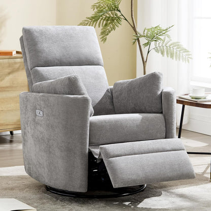 Power Recliner,Nursery Swivel Glider Rocking Chair with USB Port,Upholstered Adult Electric Recliner Rocking Chair with 2 Pillows for Living Room Bedroom (Beige Corduroy, Power-Driven)