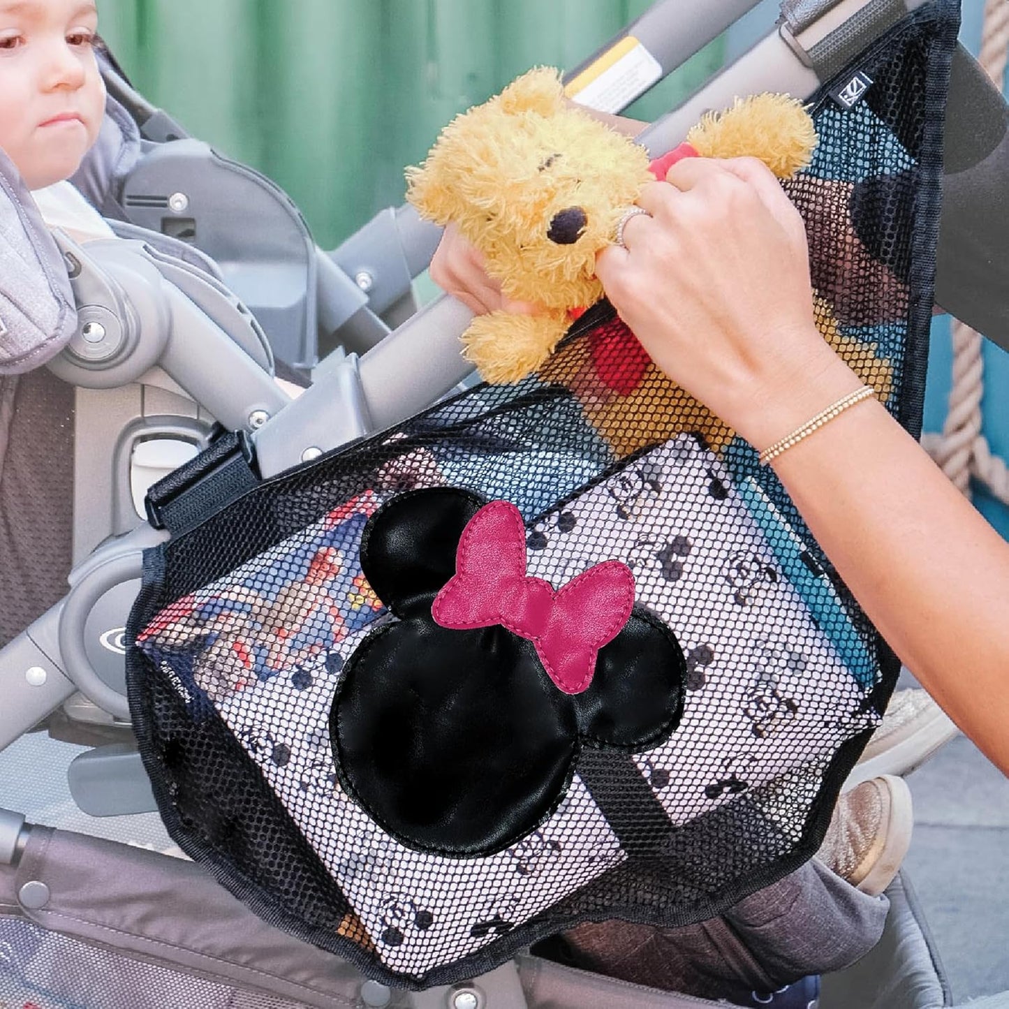 Disney Baby by J.L. Childress Side Sling Stroller Cargo Net - Stroller Organizer Attachment for Storage, Mesh Bag for Baby Accessories, Universal Fit - Mickey, Black