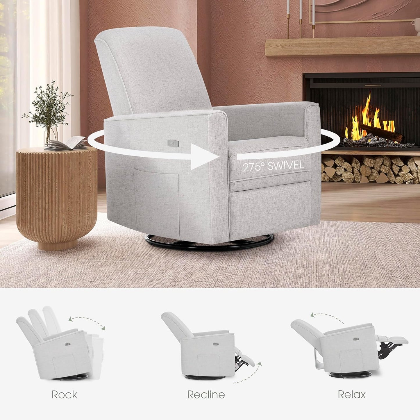 Evolur Harlow Upholstered Power Glider Recliner with USB Charging – Rocking & 275° Swivel with Smooth Glide – Greenguard Gold & FSC Certified – Modern Nursery and Living Room Chair in Light Sand