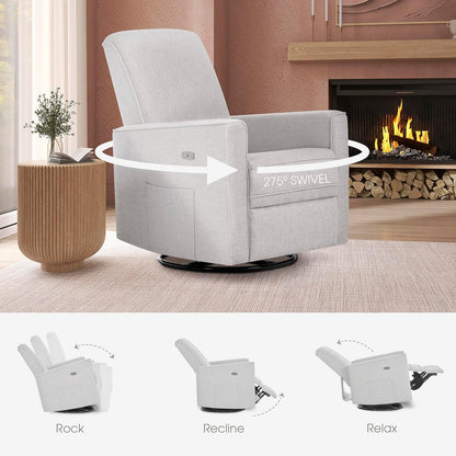 Evolur Harlow Upholstered Power Glider Recliner with USB Charging – Rocking & 275° Swivel with Smooth Glide – Greenguard Gold & FSC Certified – Modern Nursery and Living Room Chair in Light Sand