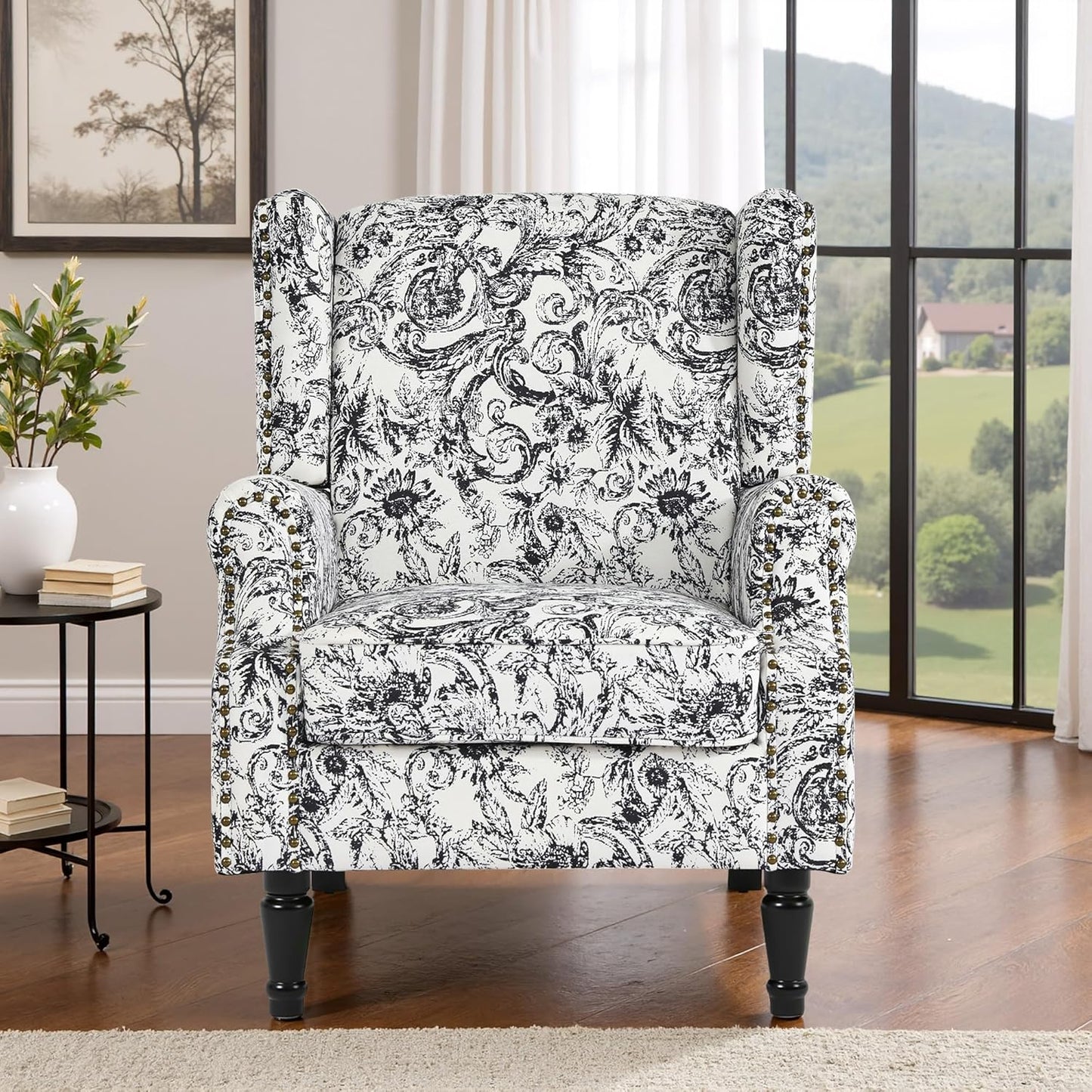Swivel Rocker Recliner Chair, Manual Nursery Glider Recliner, Floral Fabric Wingback Accent Chair with Adjustable Backrest & Footrest for Small Spaces Living Room Bedroom (Plants Floral, Set of 1)