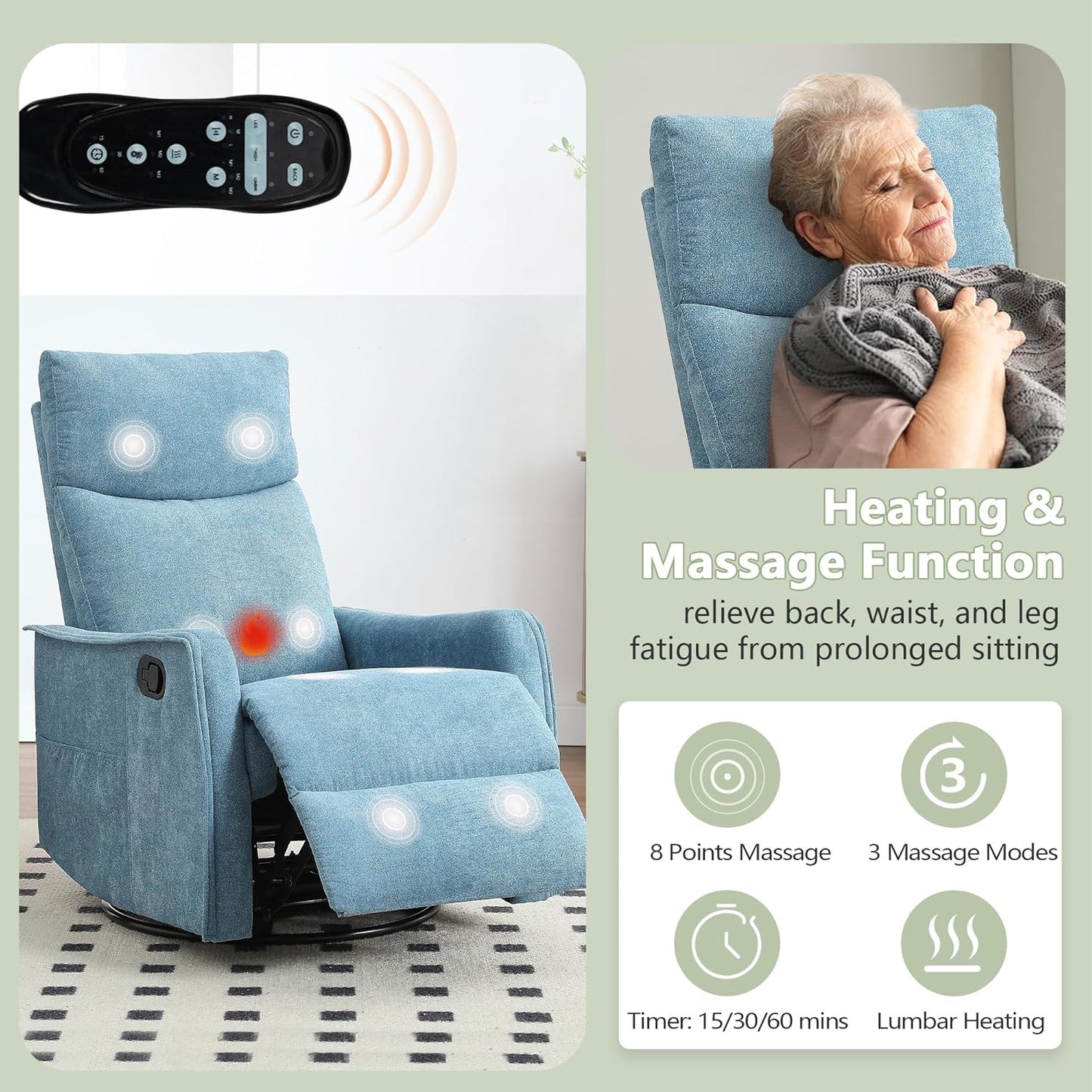 cinkehome Swivel Rocker Recliner, Glider Rocker Recliner Chair for Nursery, Manual Reclining Chair with Heated Massage, Small Spaces, Living Room, Khaki Chenille