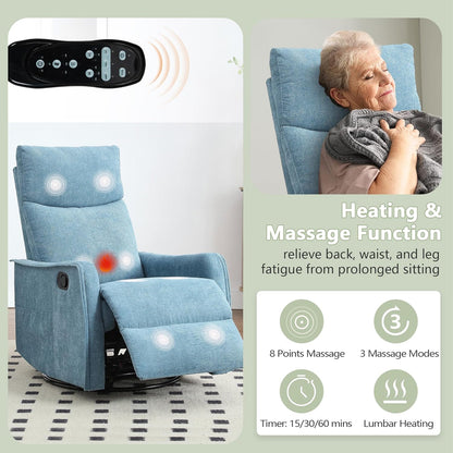 cinkehome Swivel Rocker Recliner, Glider Rocker Recliner Chair for Nursery, Manual Reclining Chair with Heated Massage, Small Spaces, Living Room, Khaki Chenille