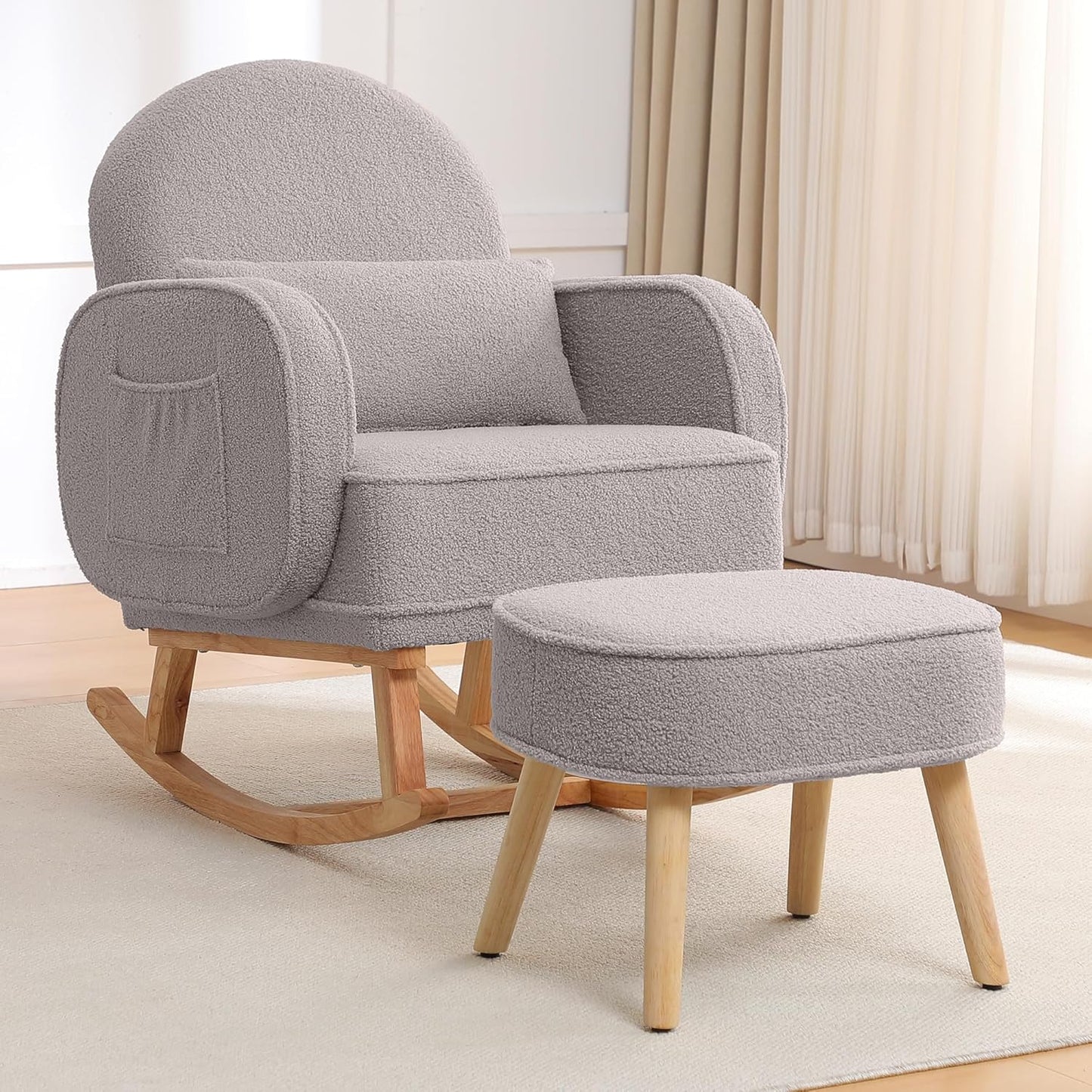 HCHAIRH Nursery Rocking Chair with Ottoman, Upholstered Glider Rocker with High Backrest Side Pocket, Rocking Accent Armchair with Solid Wood Legs for Nursery, Living Room, Bedroom, Light Grey