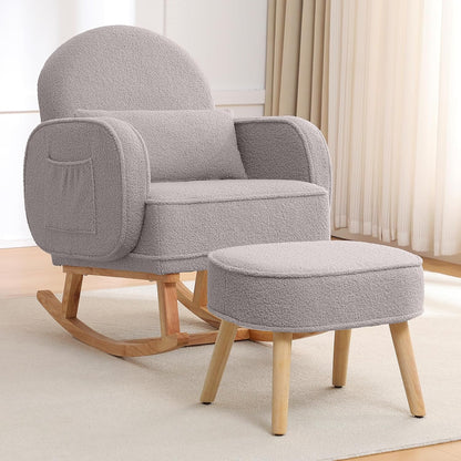 HCHAIRH Nursery Rocking Chair with Ottoman, Upholstered Glider Rocker with High Backrest Side Pocket, Rocking Accent Armchair with Solid Wood Legs for Nursery, Living Room, Bedroom, Light Grey