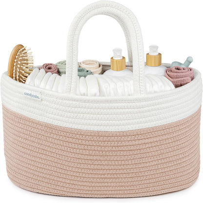 Comfy Cubs Rope Diaper Caddy Organizer 8.5" x 15" x 8" - Large Baby Diaper Basket with 3 Spacious Compartments - Stylish Cotton Baby Caddy Organizer for Diapers, Wipes & Essentials - Pacific Blue