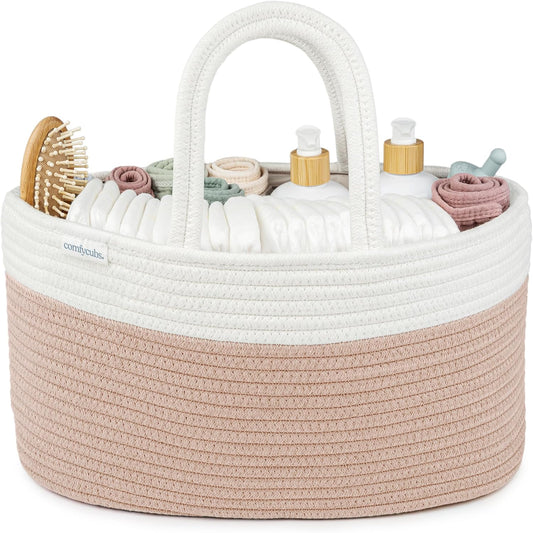 Comfy Cubs Rope Diaper Caddy Organizer 8.5" x 15" x 8" - Large Baby Diaper Basket with 3 Spacious Compartments - Stylish Cotton Baby Caddy Organizer for Diapers, Wipes & Essentials - Pacific Blue