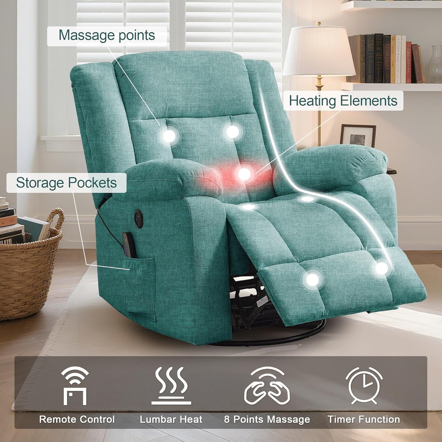 Korser Rocker Recliner, Glider Recliner Chairs for Adults, 360° Swivel Rocking Chair with Massage and Heating, Nursery Chair with Storage and USB Charging for Living Room, Bedroom, Nursery