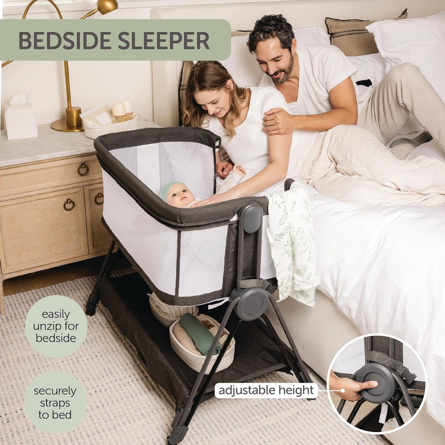 KOOLABABY Baby Bedside Sleeper - Bassinet & Bedside Crib with Height Adjustment & Wheels - Can Be Placed Next to Bed - Attaches to Parents Bed - Easy to Fold & Carry Bassinet for Girls (Pink)