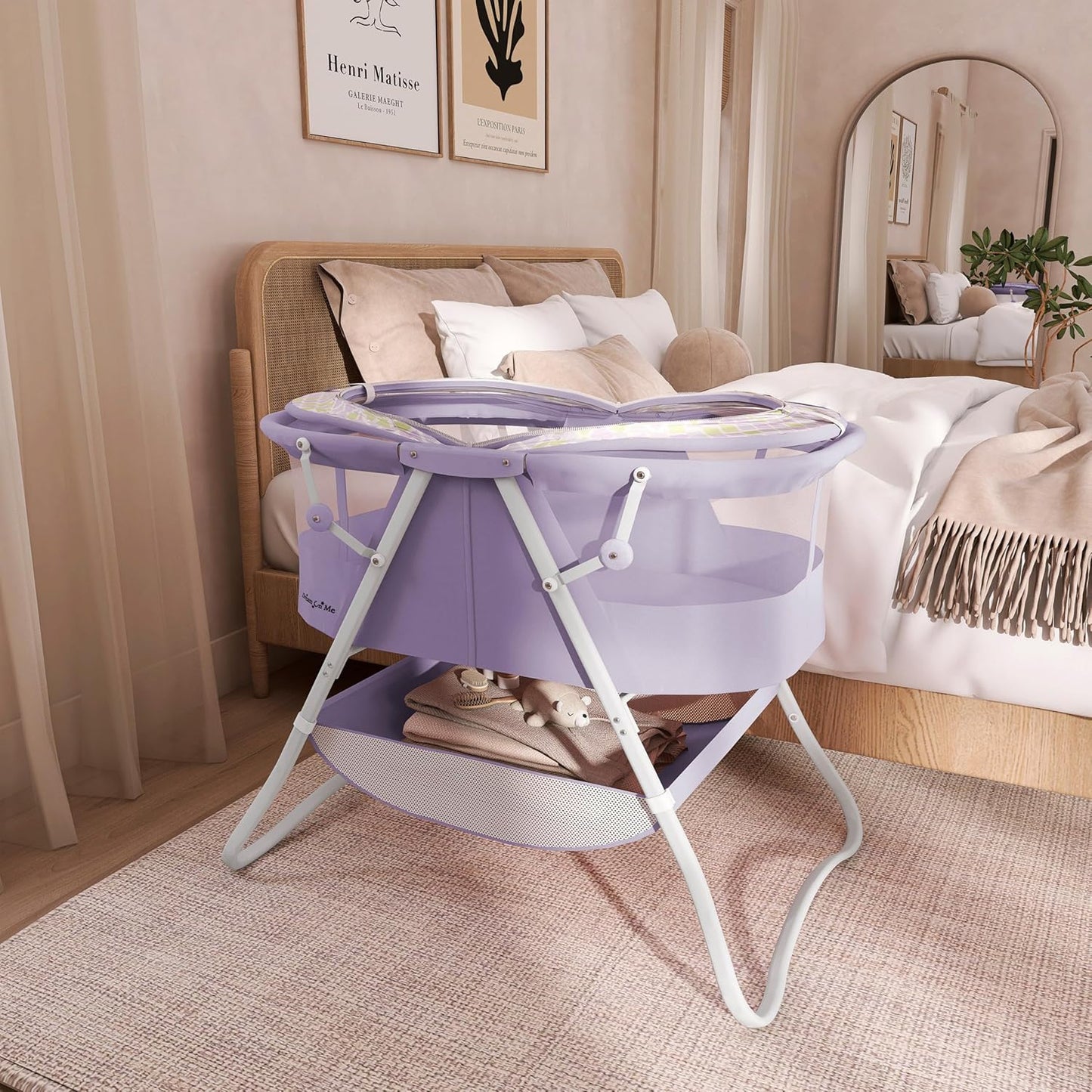 Dream On Me Karley Bassinet, Award Winner Lightweight Travel Baby Bassinet, Foldable Bedside Sleeper, Adjustable Double Canopy, Spacious Design, Soft Fabric, Storage Basket – Blue and Grey