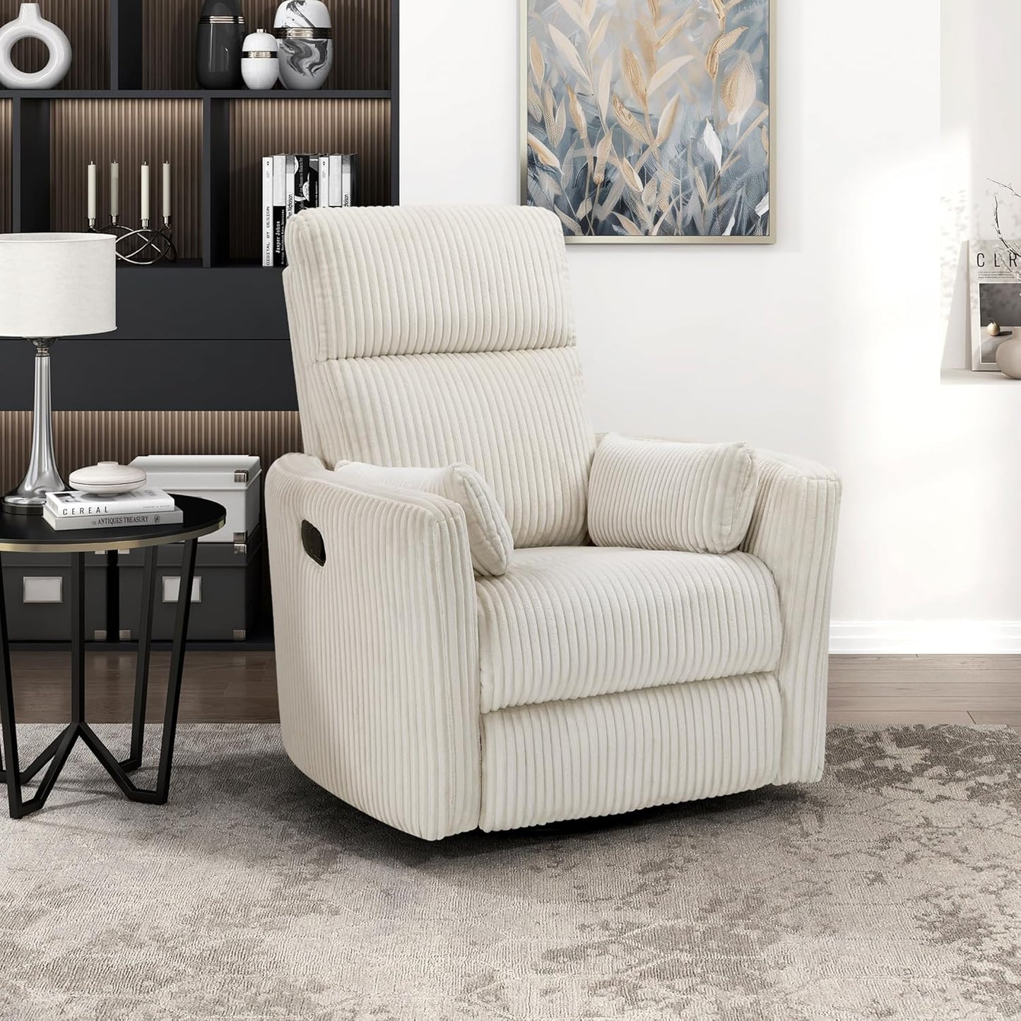 Lexicon Modern Swivel Glider Recliner Chair, Nursery Glider, Corduroy Fabric Upholstery Recliner with 2 Lumbar Pillows, Manual Reclining Sofa Chair for Living Room/Office/Apartment, Beige