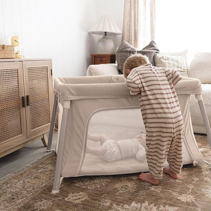 Newton Baby Compact Travel Crib & Play Yard | Breathable & Washable Mattress, Foldable Carry-On Size, Backpack Straps, Sand, Newton Bassinet Attachment NOT Included or Compatible