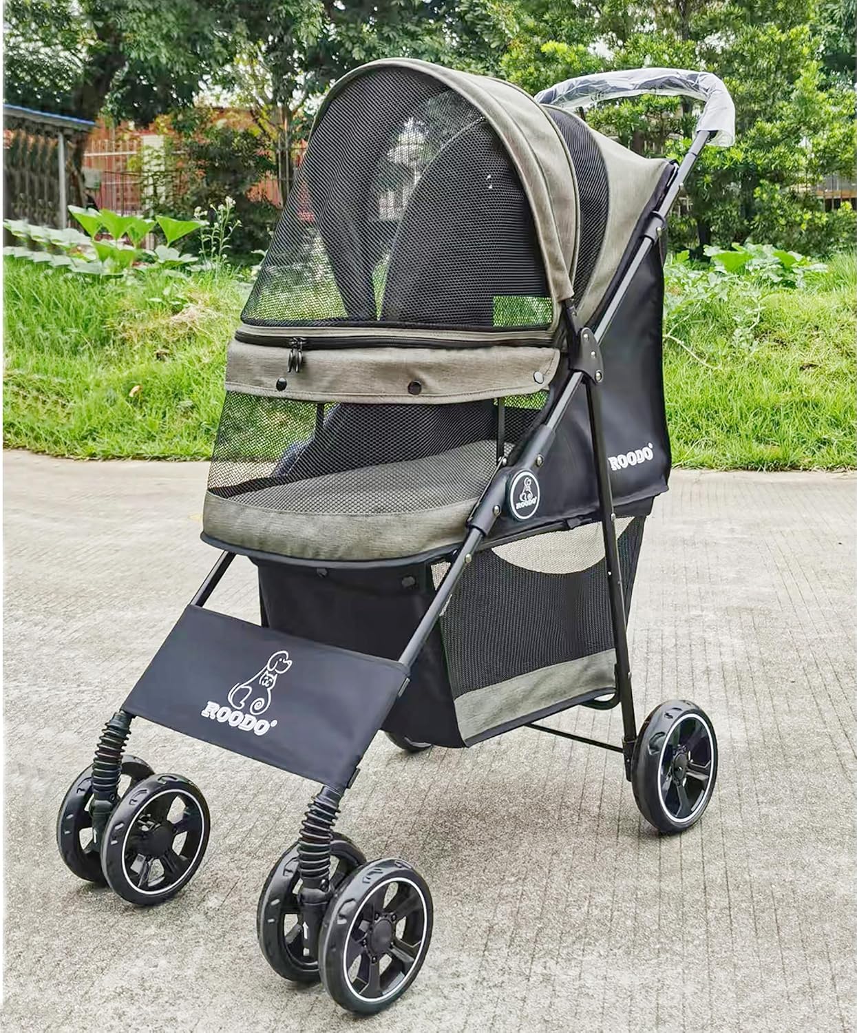 ROODO 4 Wheel Dog Cat Pet Stroller Best Lightweight Foldable Compact Portable Jogger All Terrain Travel Pet Gear Puppy Doggie Bunny Kitty Stroller for up to 30lbs Medium Small Dogs Cats(Light Khaki)