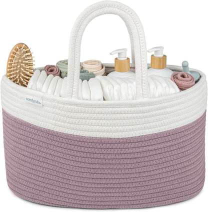 Comfy Cubs Rope Diaper Caddy Organizer 8.5" x 15" x 8" - Large Baby Diaper Basket with 3 Spacious Compartments - Stylish Cotton Baby Caddy Organizer for Diapers, Wipes & Essentials - Pacific Blue