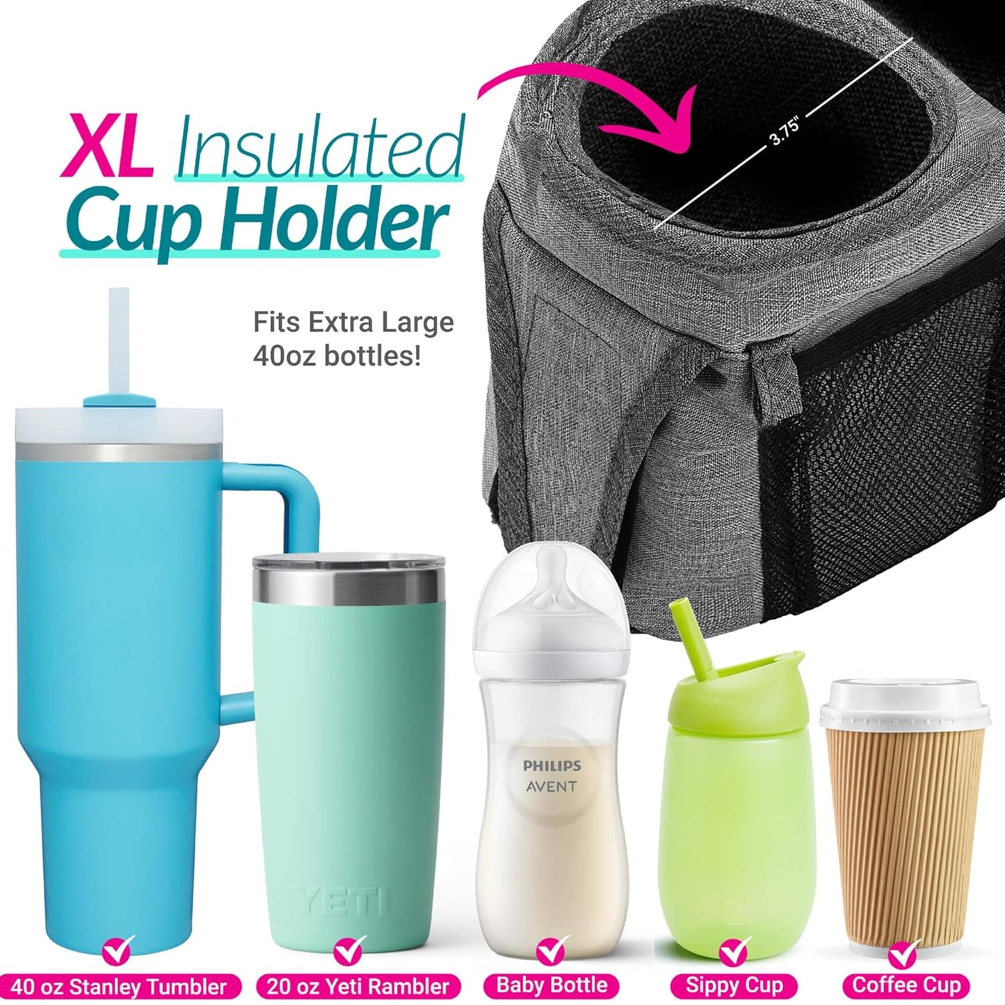 Swanoo Stroller Caddy Organizer With Cup Holder, Non Slip Straps Bag for Phone, Pet Stroller Accessories, Universal Fits Uppababby Vista v2 Wonderfold Wagon, Doona and More