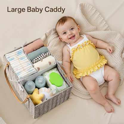 Angelhood Large Paper Rope Diaper Caddy, Baby Essentials Organizer, Portable Baby Shower Baskets Gift Bin, Car Storage Bag for Nursery