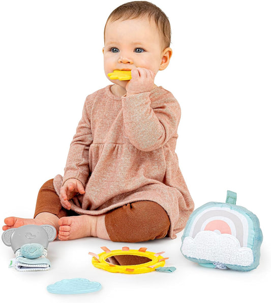 Ingenuity Soothing Essentials Wood Carrier Toy Bar, Montesorri-Inspired, 3 Removable Toys, for Ages 0-12 Months
