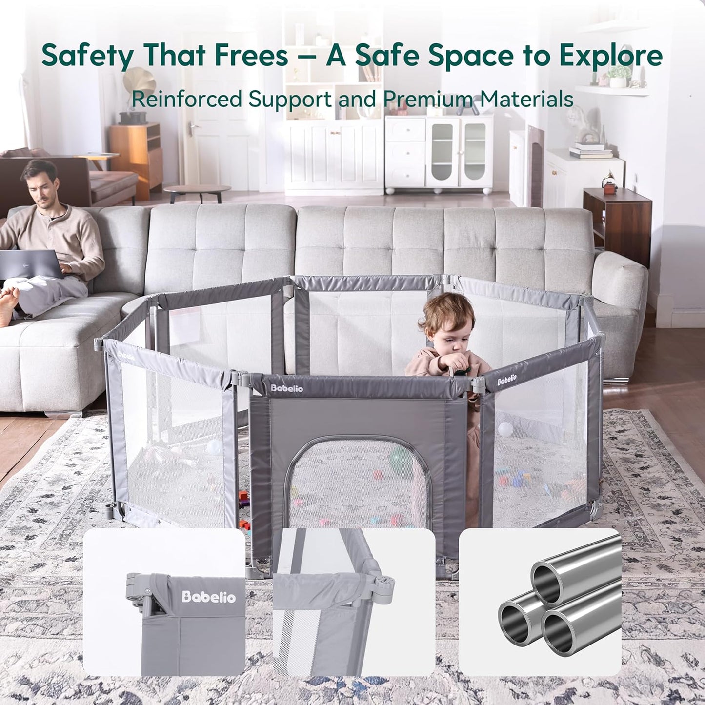 Babelio Foldable Baby Playpen 46" × 46", Portable Playard for Babies and Toddlers, Parents' Picks Awards Winner, No Assembly Required, Indoor & Outdoor Kids Safety Play Pen Area, Travel Fence, Grey