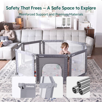 Babelio Foldable Baby Playpen 46" × 46", Portable Playard for Babies and Toddlers, Parents' Picks Awards Winner, No Assembly Required, Indoor & Outdoor Kids Safety Play Pen Area, Travel Fence, Grey