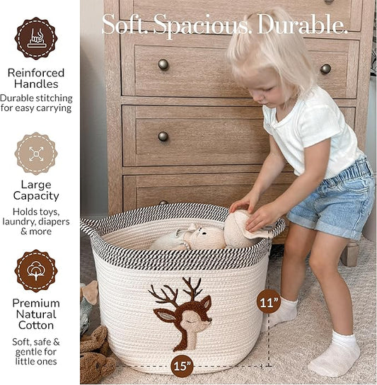 Deer Storage Basket for Nursery – Large 15”x11” Cotton Rope Bin with Soft Felt Animal Patch – Toy Organizer, Baby Laundry Hamper, Diaper & Towel Holder – Foldable, Washable & Baby-Safe