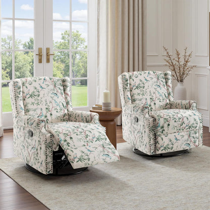 UIXE Swivel Glider Recliner Chair for Adults, High Back Nursery Rocker Floral Upholstered Armchair for Living Room, Manual Reclining Rivet Trim Sofa Lounge with Deep Seat in Fabric - Navy Blue