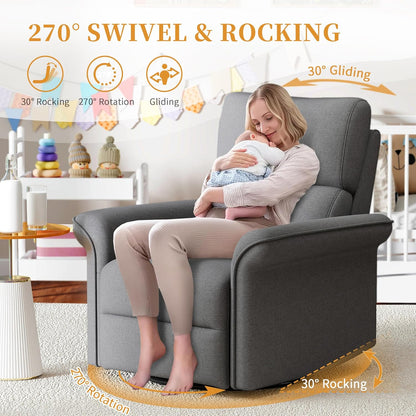 Power Swivel Rocker Recliner Chair for Nursery, Upholstered Snowflake Velvet 270°Swivel Glider Rocker Chair with USB Ports, Small Power Recliners for Small Spaces Living Room