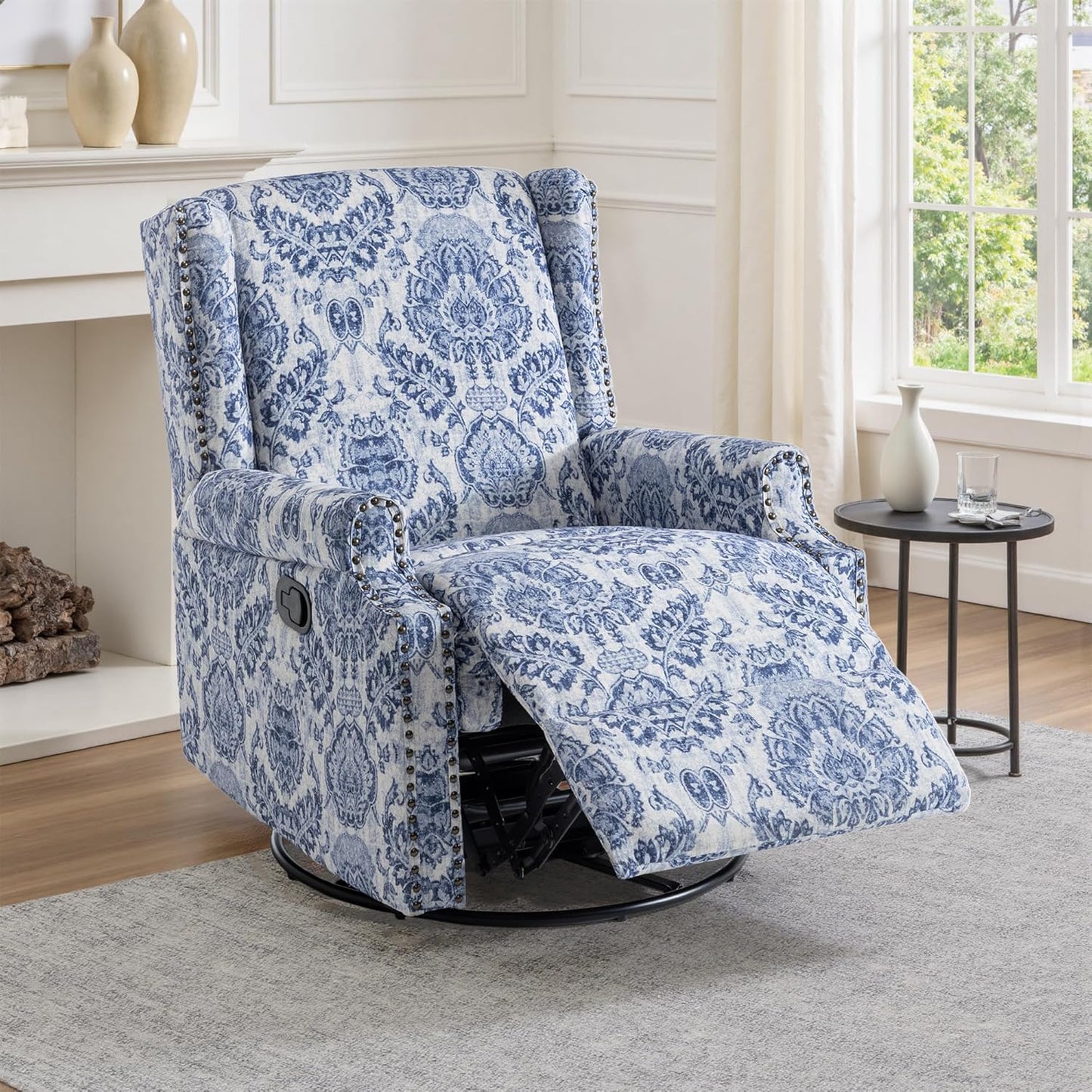 UIXE Swivel Glider Recliner Chair for Adults, High Back Nursery Rocker Floral Upholstered Armchair for Living Room, Manual Reclining Rivet Trim Sofa Lounge with Deep Seat in Fabric - Navy Blue