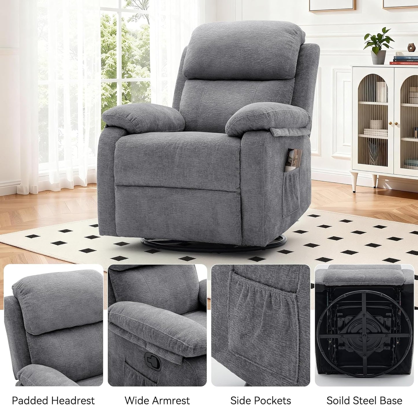 Korser Recliner Chair, 360 Swivel Rocker Chair for Adults, Small Rocking Recliner for Small Spaces, Upholstered Fabric Glider Recliner Nursery